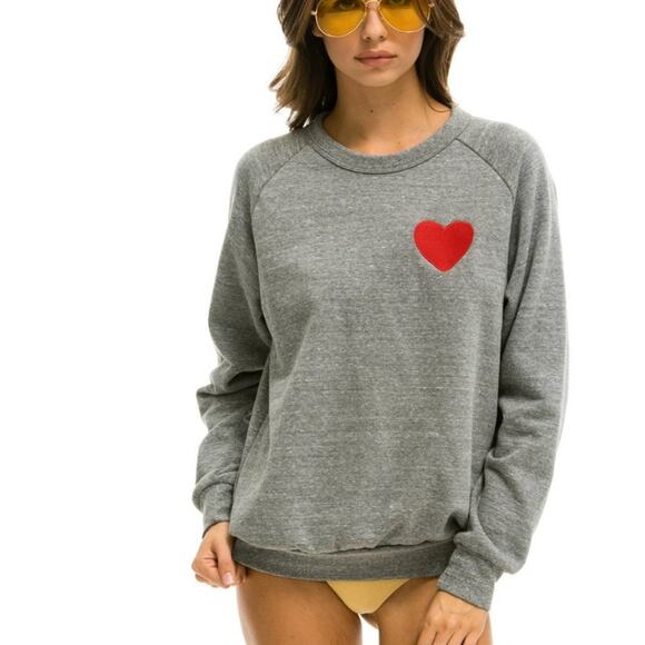 Aviator Nation Heart Embroidery Sweatshirt Heather Gray fleece cotton Small